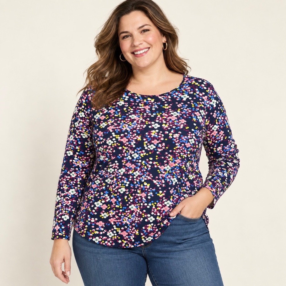 Talbots 2X Navy Floral Confetti Dot Long Sleeve Cotton Stretch Tee Top Office